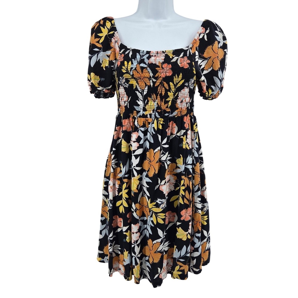 Roxy Women's Hello Petal Mini Dress Black Floral Smocked Puff Sleeve Small‎ Boho